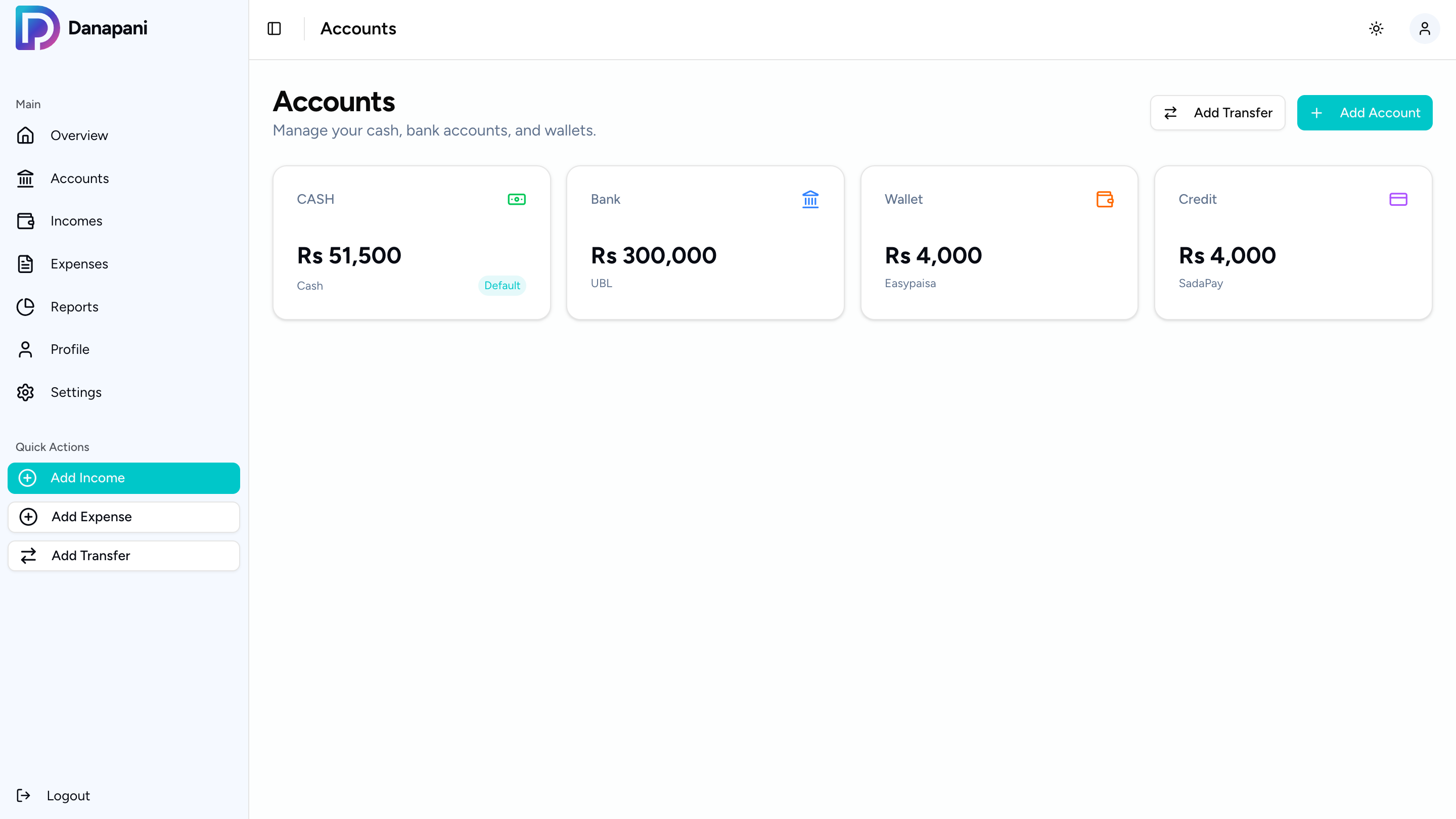 Danapani Incomes dashboard showing categorized income sources and trends